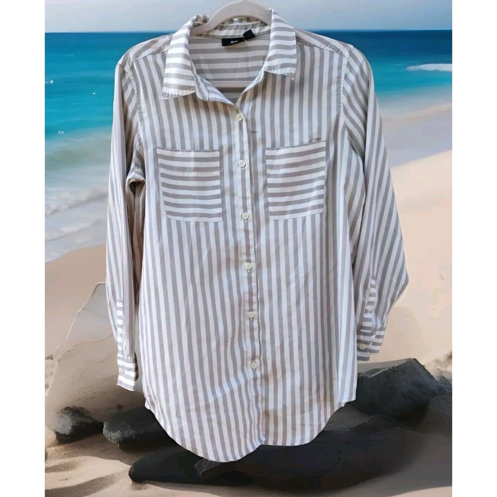 A.N.A. Womens Blouse Size S White Stripe Long Sleeve Button Up Front Top Shirt
